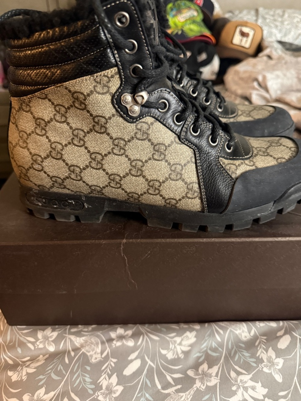 Gucci Beige GG Canvas & Black Leather Gore-Tex Hiking Boots